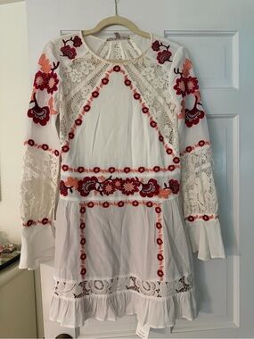 For Love & Lemons White Dress with Red and Coral Floral Embroidery